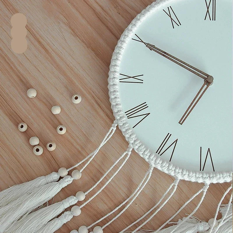 Nordic Macramé Tapestry Silent Wall Clock – Roman, Vertical