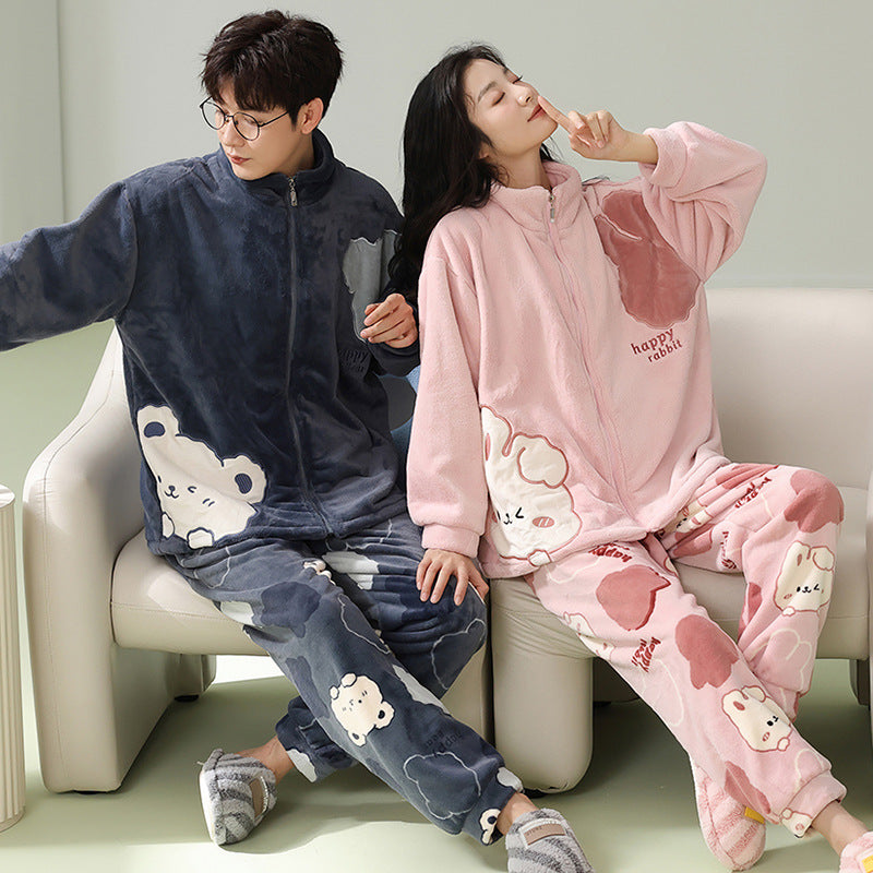 4-Piece Winter Thick Flannel Couples Cute Pajamas Set