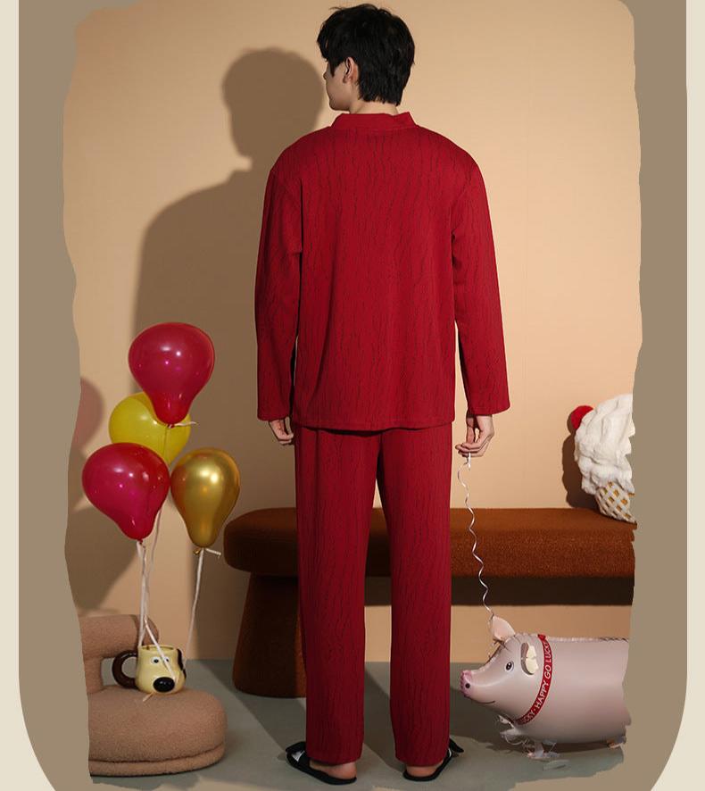 Red Xmas Print Long Sleeve Couples Pajamas 100% Cotton