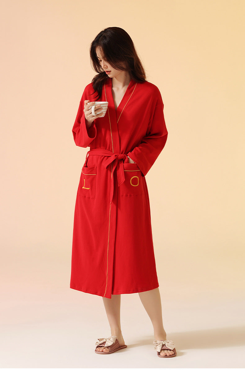 2-Piece Red Asian Style Bathrobe Set for Couples