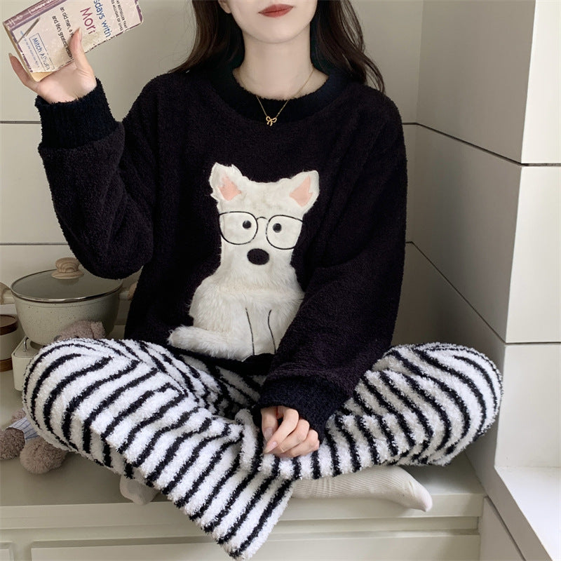Cute Dog Applique Loungewear Set for Women | Gullei Plush Teddy Fleece Pajamas