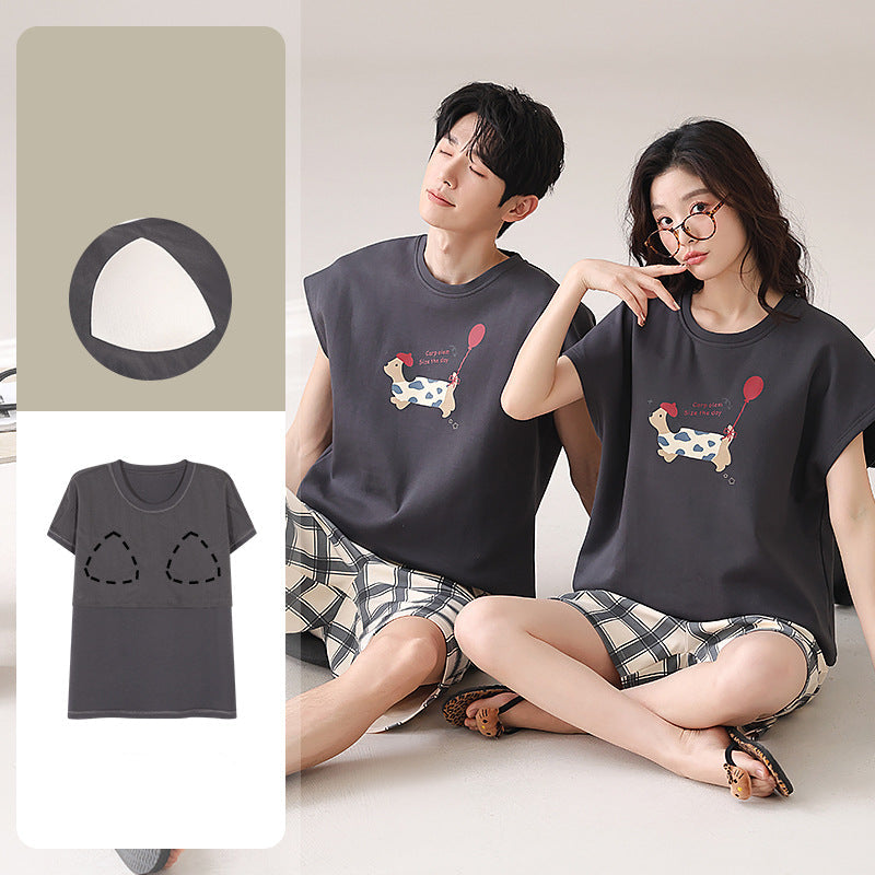 Cute Dachshund Couple Pajamas - Cotton Summer Set w/ Bra