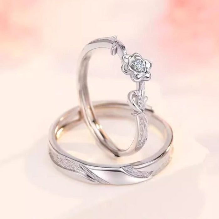 Floral Promise Rings Set - White Gold Engravable Couple Rings