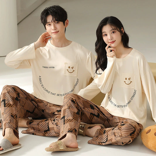 Couples Pullover Pajamas Set Long Sleeve 100% Cotton
