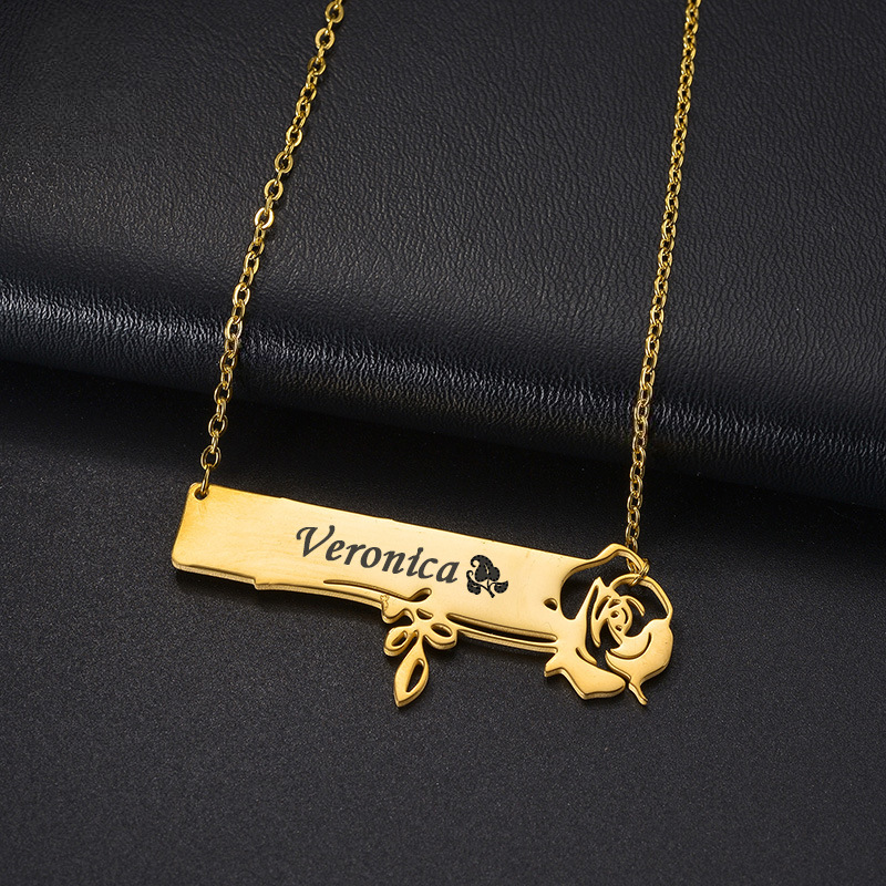 Rose Flower Personal Name Engraved Necklace