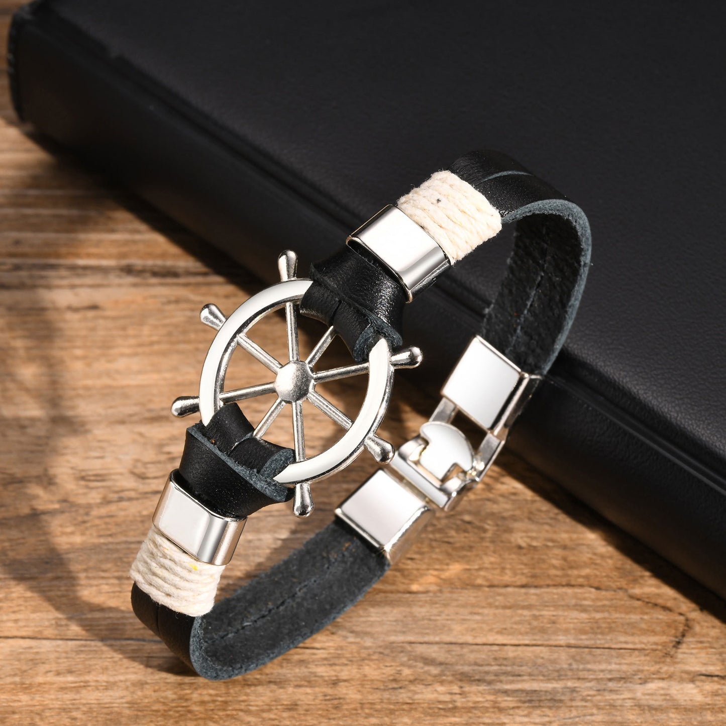 Engraved Rudder Leather Wrap Bracelet for Him