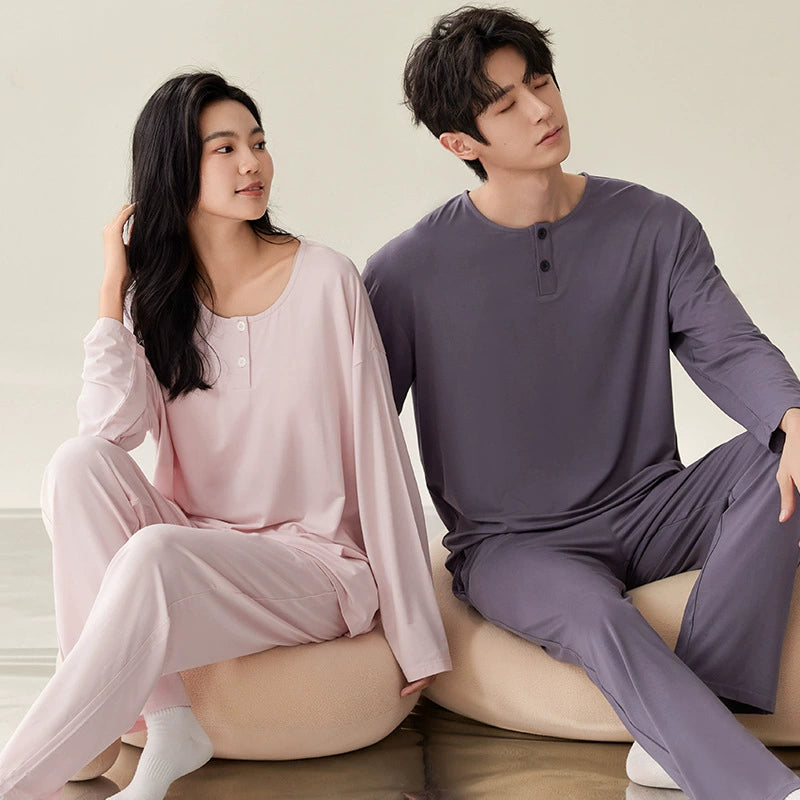 Plain Button-Front Pajamas Set 100% Polyester