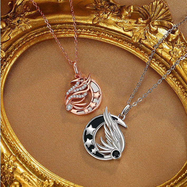 Engraved Matching Wings Moon Couple Necklaces Set