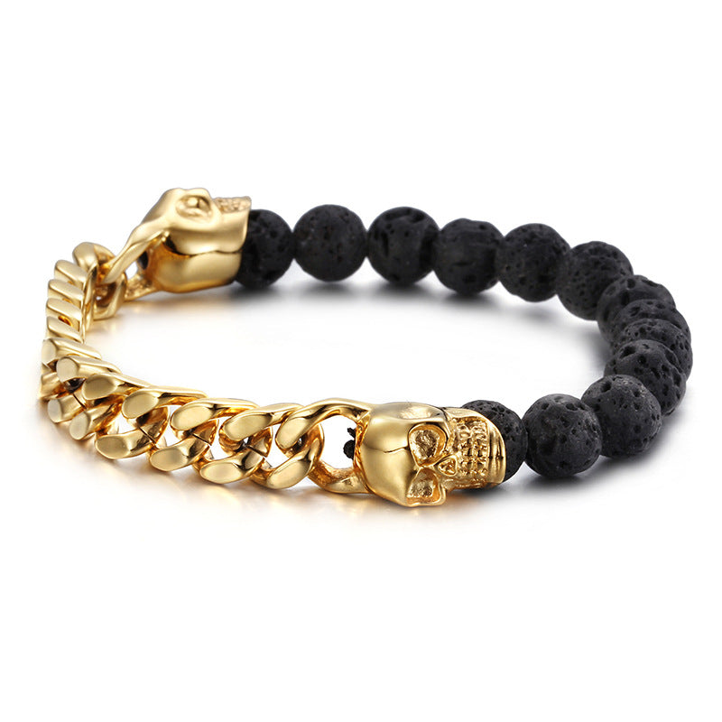 Skull Volcanic Beads Mens Bracelet 18.5cm
