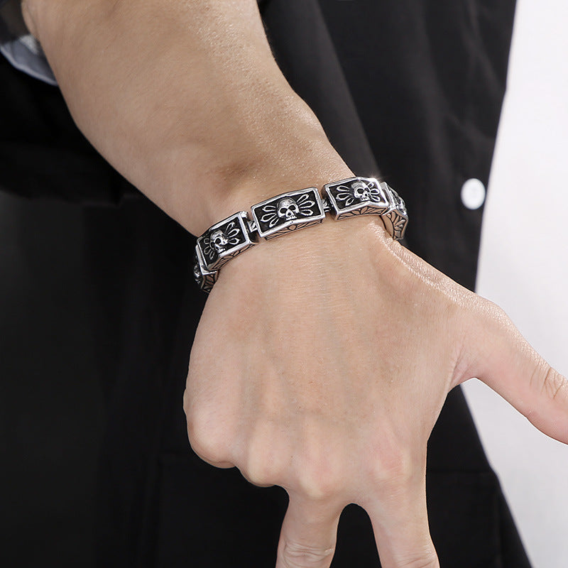 Custom Vintage Skull Mens Steel Bracelet 21.5cm