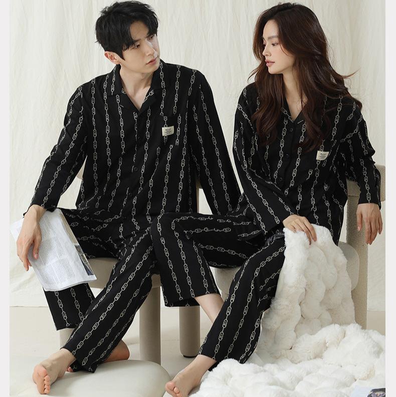 Button-Front Matching Black Couples Pajamas - Premium Cotton