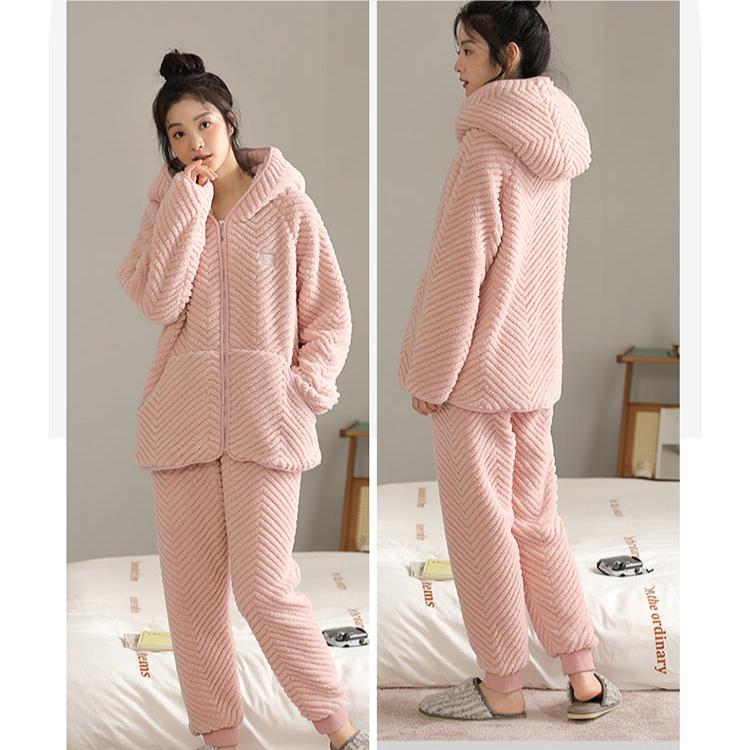4-Piece Flannel Zipper Hoodie Couples Pajamas Set