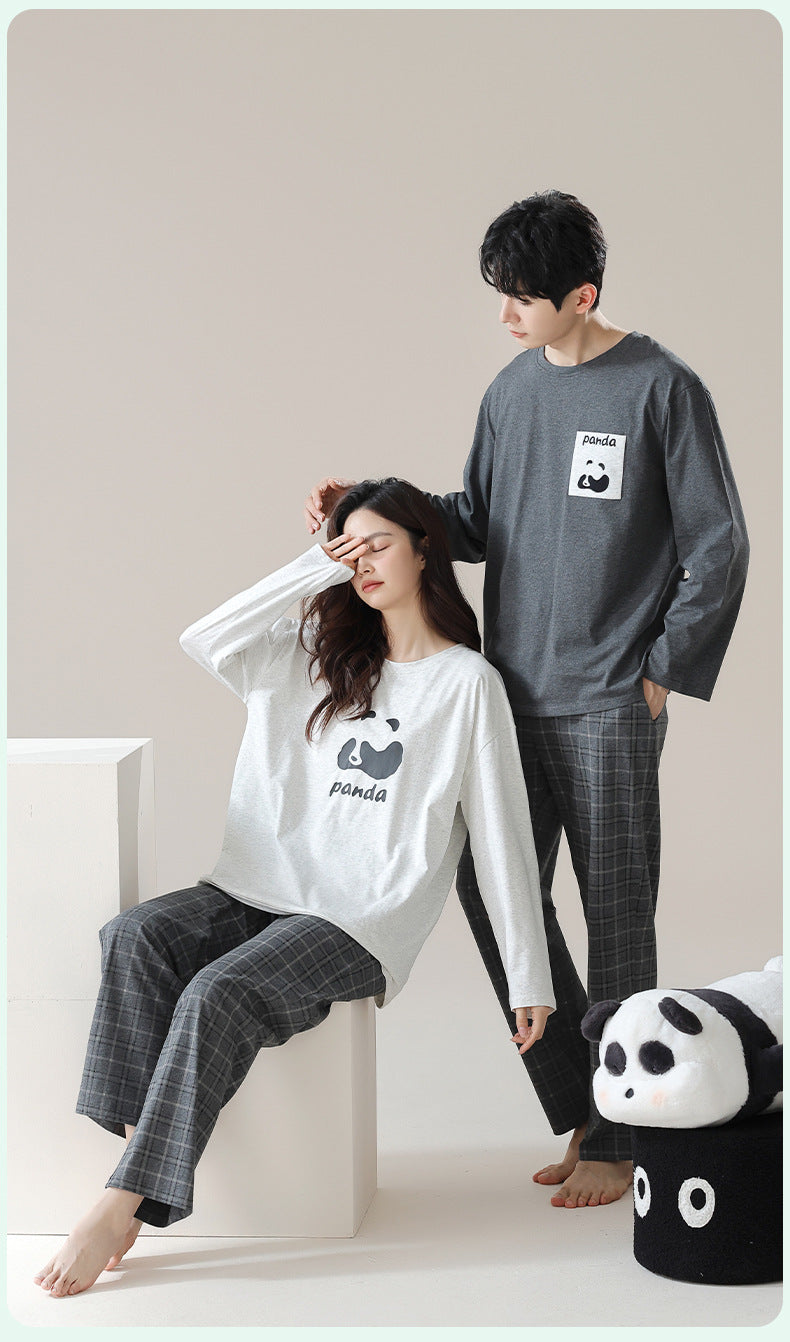 4-Piece Plaid Pattern Pandas Matching Cotton Pajamas