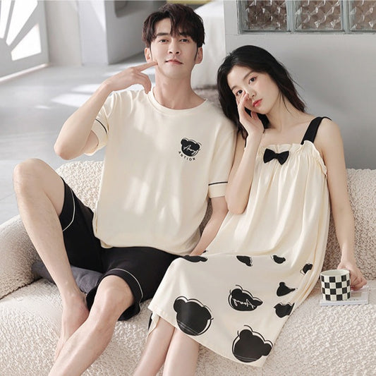 Cute Korean Couple Summer Bear Pajamas | 100% Cotton