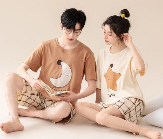 Playful Couple Summer Jammies | Moon & Star | 100% Organic Cotton