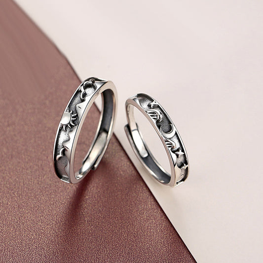 Engraved Sun and Moon Couple Promise Rings