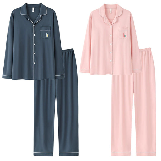 Classic Cotton Contrast Piping Couple Pajamas - 100% Natural Cotton