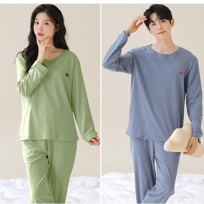Long Sleeve Round Neck Couples Winter Pajamas 100% Cotton