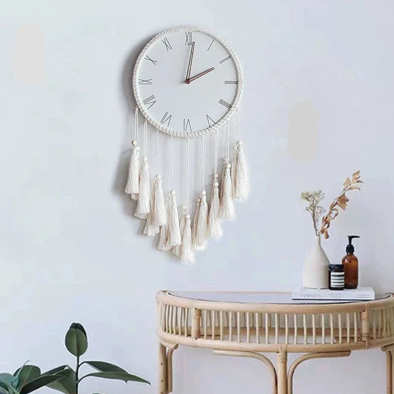 Nordic Macramé Tapestry Silent Wall Clock – Roman, Vertical