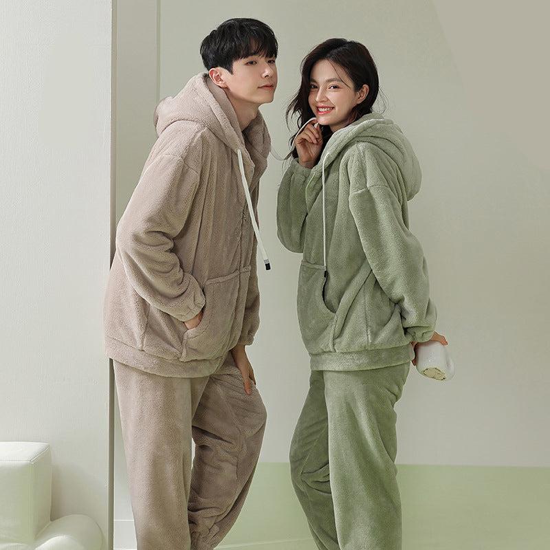 4-Piece Matching Warm Hoodie Couples Pajamas Set