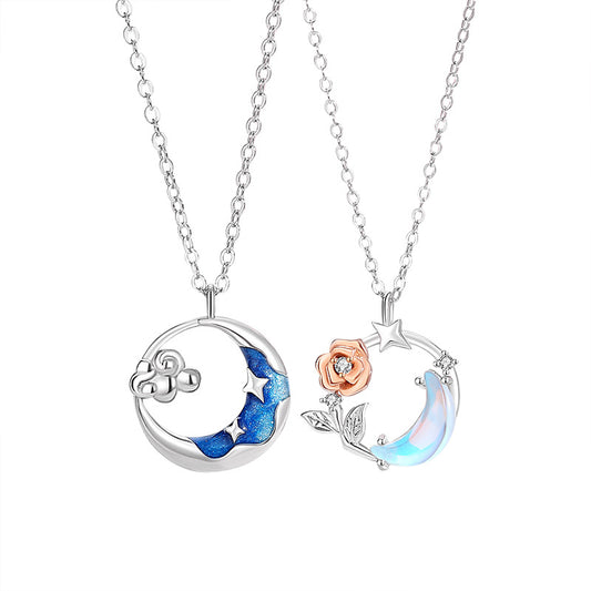 Romantic Moon and Rose Necklaces Set for Couples
