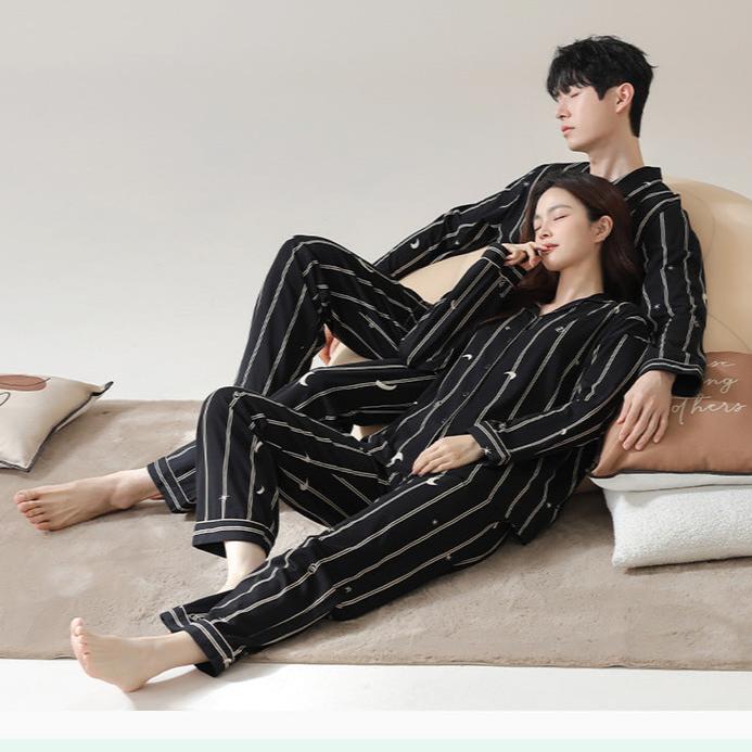 4-Piece Striped Black Matching Cotton Pajamas