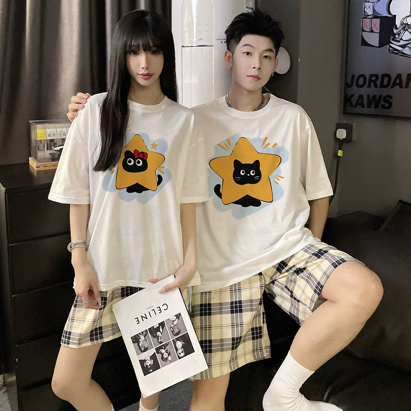 Cartoon Cat Couple PJs - Matching Cotton Summer Set