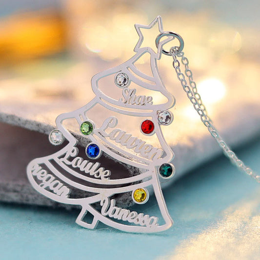 Family Tree Kids Name Engraved Necklace with Birthstones