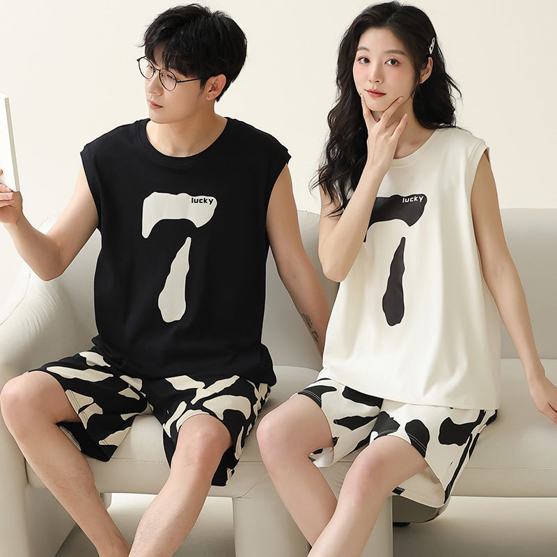 Modern Minimalist Lucky 7 Couple Pajamas – Cotton Sleeveless Top & Shorts Set by Gullei
