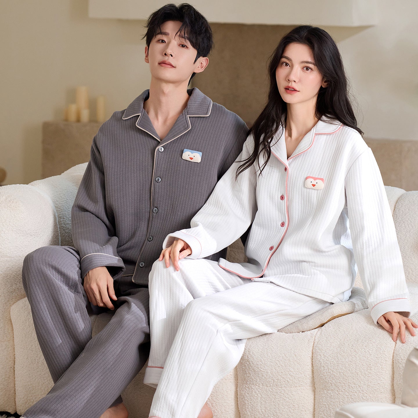 Matching Couple Pajamas Set – Air Cotton with Contrast Piping