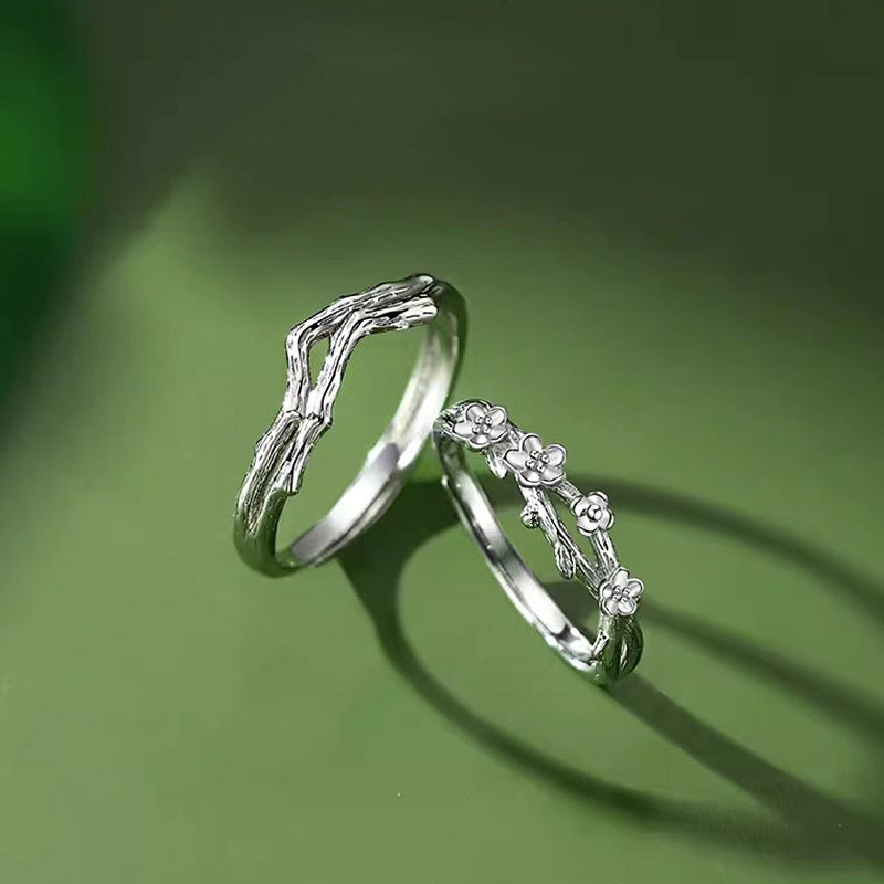 Cherry Blossom Rings Set for Couples - Solid Sterling Silver - Adjustable Size