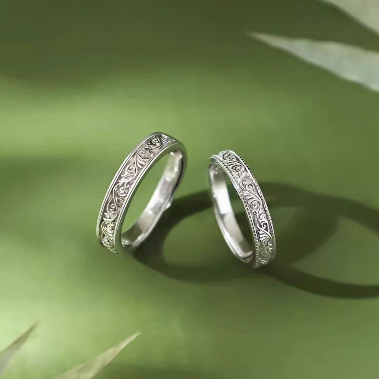 Vintage Floral Promise Rings - White Gold Engravable Set