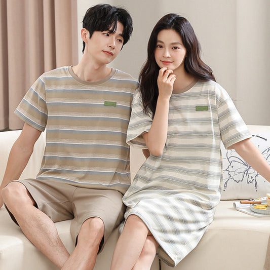 Striped Couple PJs - Cotton Tee & Dress Summer Set
