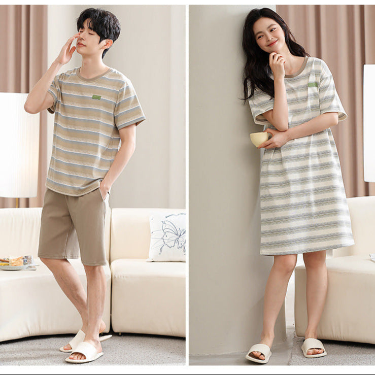 Striped Couple PJs - Cotton Tee & Dress Summer Set