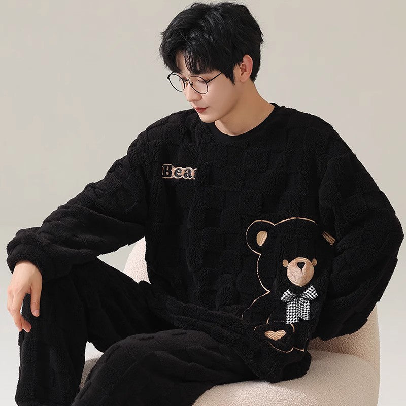 4-Piece Thick Flannel Couples Cute Pajamas Set