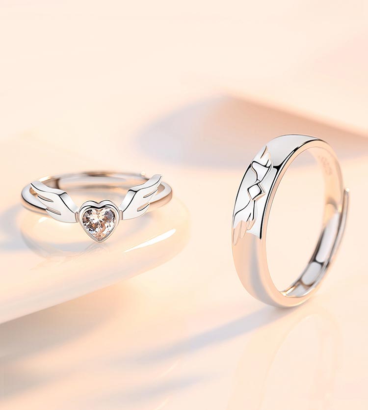 Heart Angel Wings Couple Promise Rings Set