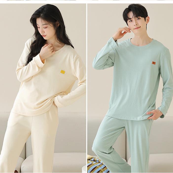 Long Sleeve Round Neck Couples Winter Pajamas 100% Cotton
