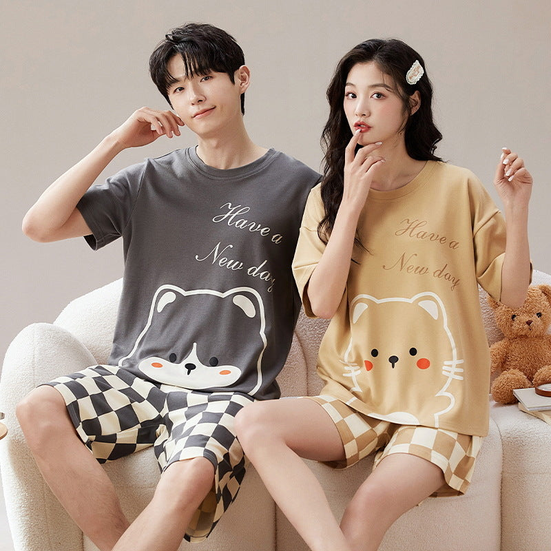 Cute Cat & Bear Couple Pajamas - Cotton Short Sleeve Set