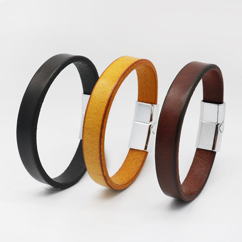 Magnetic Buckle Mens Leather Bracelet 22cm