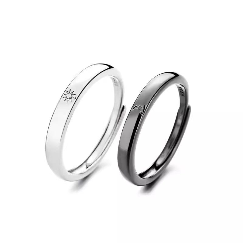 Engraved Sun & Moon Couple Rings - Silver Adjustable Set