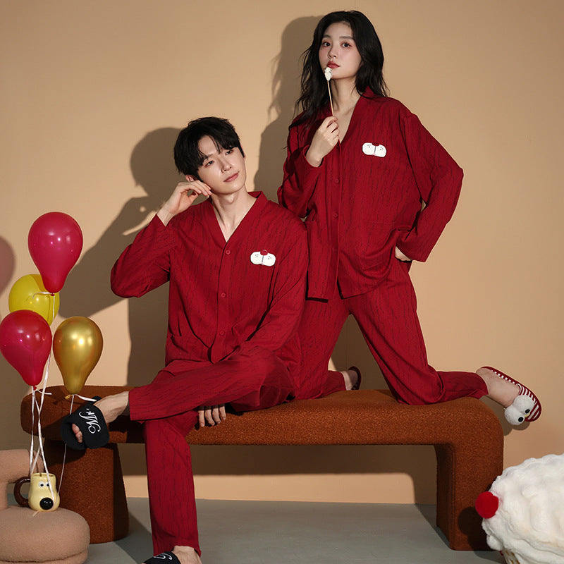 Red Xmas Print Long Sleeve Couples Pajamas 100% Cotton