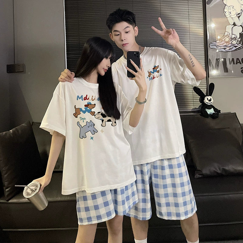 Cartoon Dog & Cat Couple PJs - Cotton Summer Set