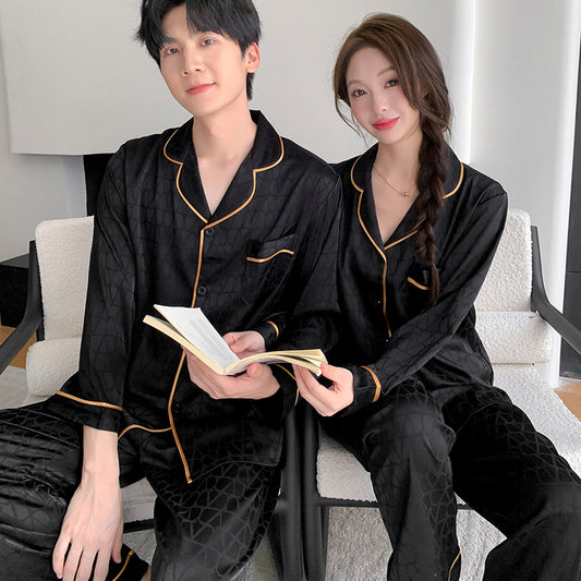 Matching Couple Pajamas – Geometric Jacquard Faux Silk Set with Gold Piping