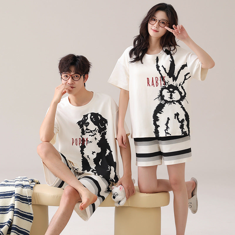 Cute Dog & Bunny Couple Pajamas - Cotton Short Sleeve Set