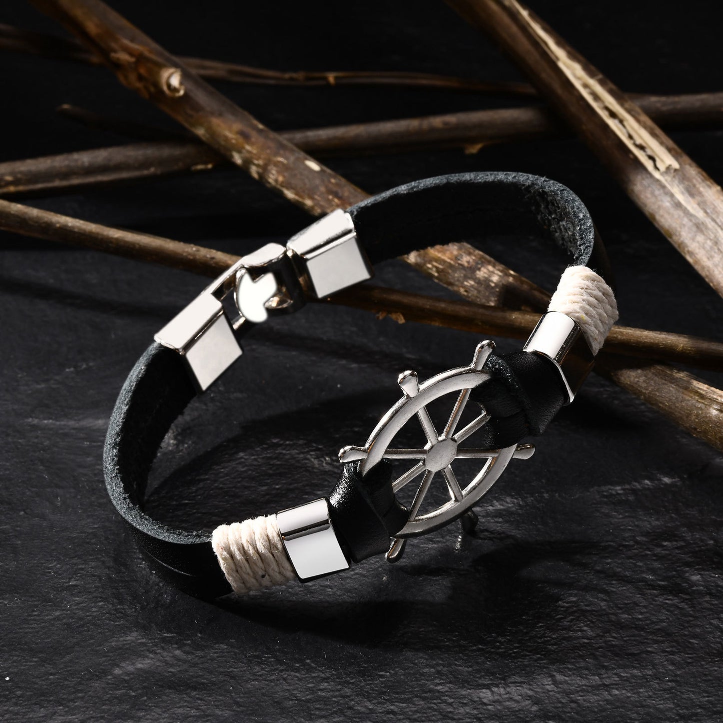 Engraved Rudder Leather Wrap Bracelet for Him