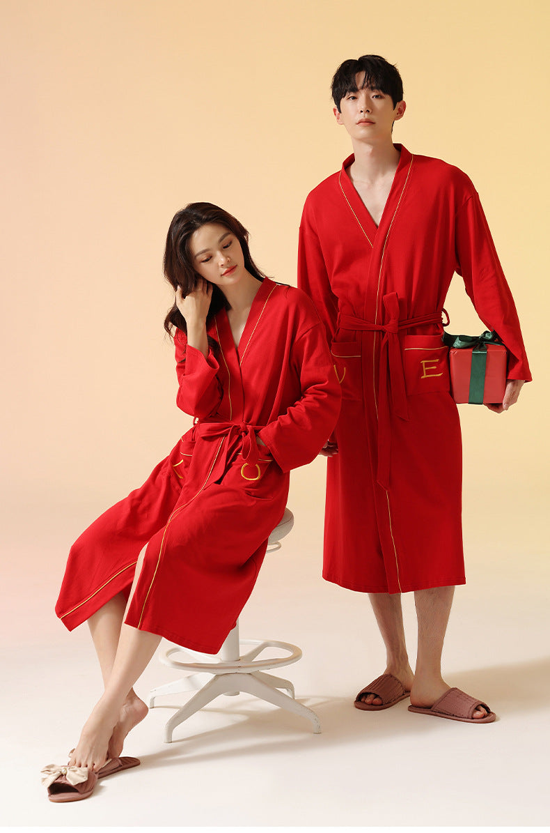 2-Piece Red Asian Style Bathrobe Set for Couples