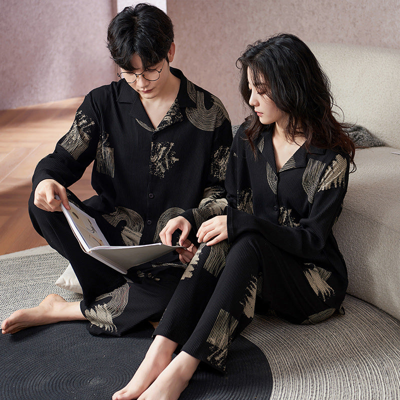 Matching Pajamas Sleepwear Set for Couples Black Pure Cotton