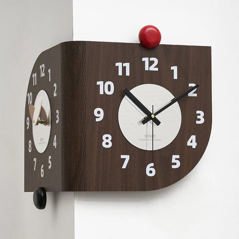 Corner Double-Sided Silent Wall Clock – Rich Brown (Dual Time)