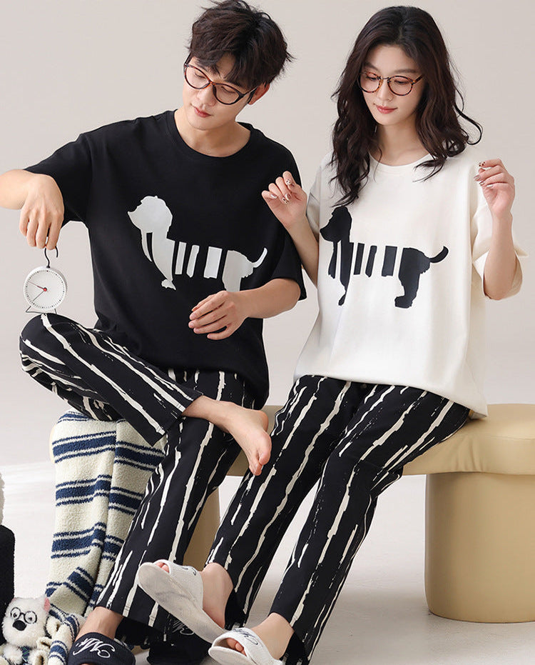 Cute Puppy Couple Pajamas - Cotton Short Sleeve Long Pants