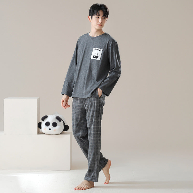 4-Piece Plaid Pattern Pandas Matching Cotton Pajamas